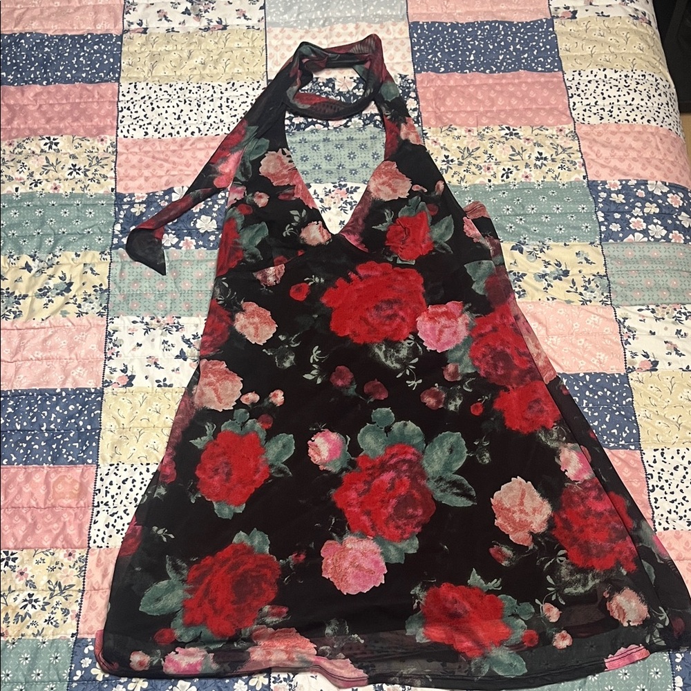 Black Floral Halter Dress with Red & Pink Roses